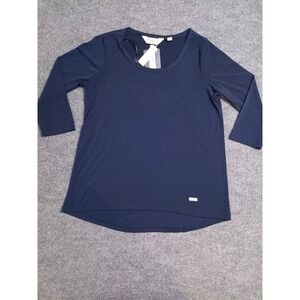 Allison Taylor Womens Medium Navy Blue Sheer Blouse 3/4 Sleeve Scoop Neck Top